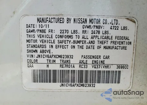 2012 Infiniti G37 Base z USA, uszkodzony, nr VIN JN1CV6APXCM623932